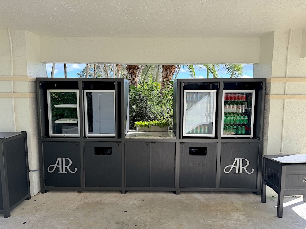 custom amenity station with aluminum logos, open