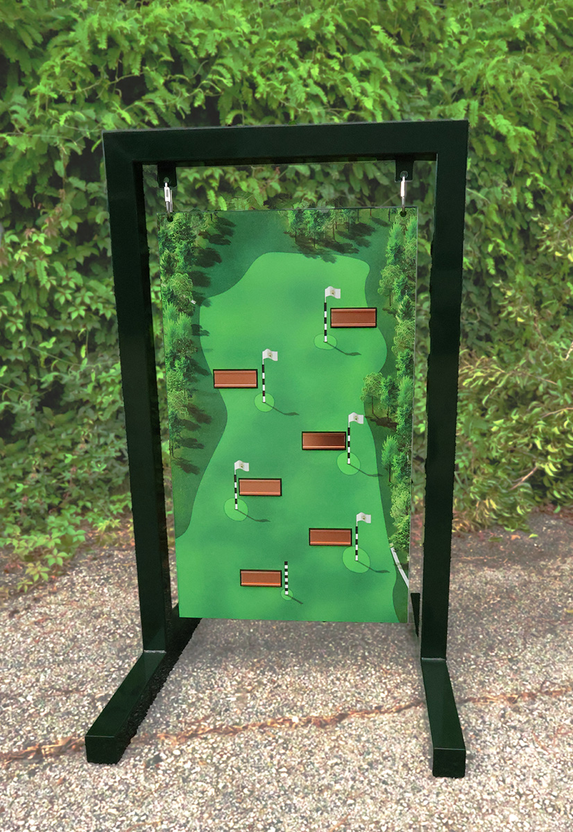 Hanging golf course map sign showing six flag markers and bunkers on a grassy green to mimic the accurange app.
