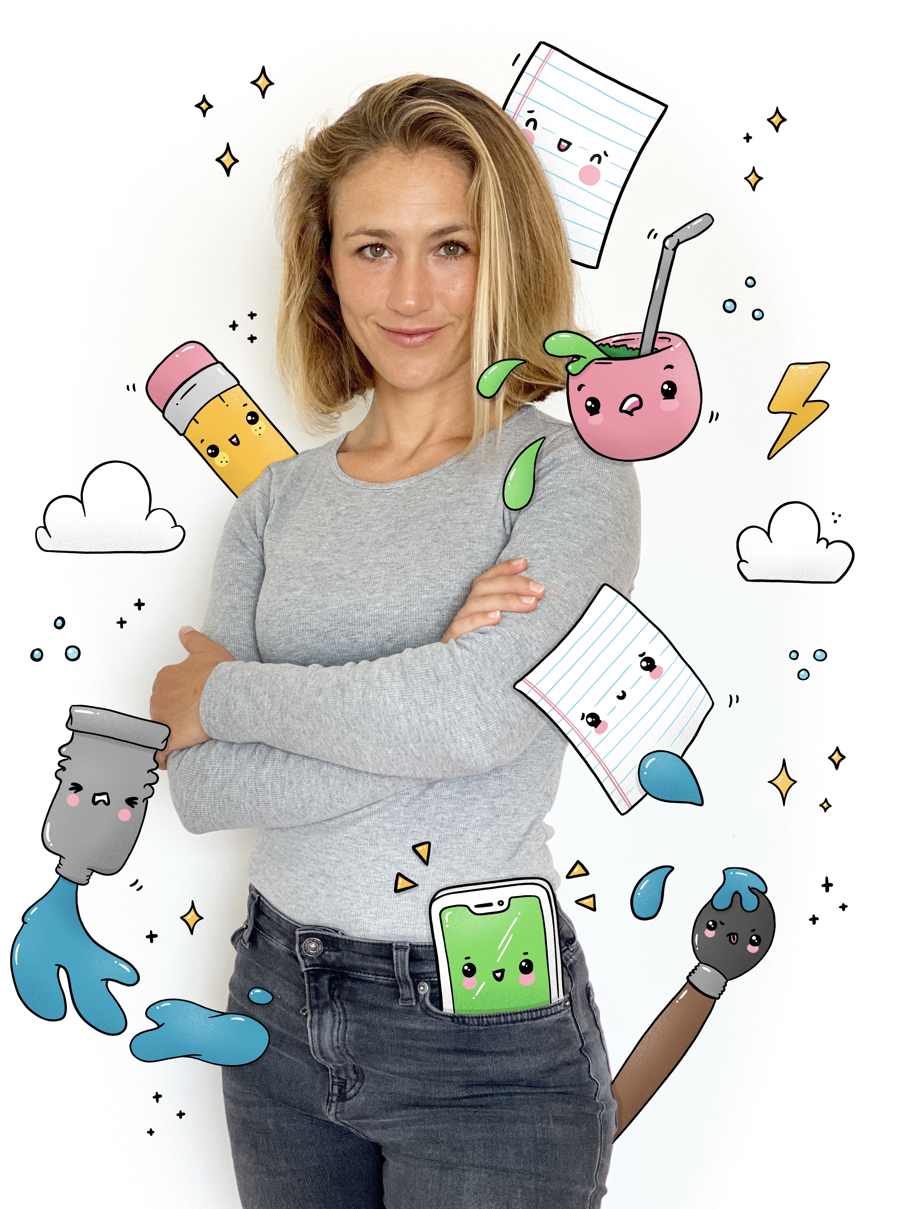 A photo of Raf, a caucasian woman with shoulder length dark blonde hair, crossing her arms and smiling at camera. The photo has overlaid drawings of cute kawaii characters like a mate, paper, clouds, stars, a pencil, a paint tube and a paint brush. 
