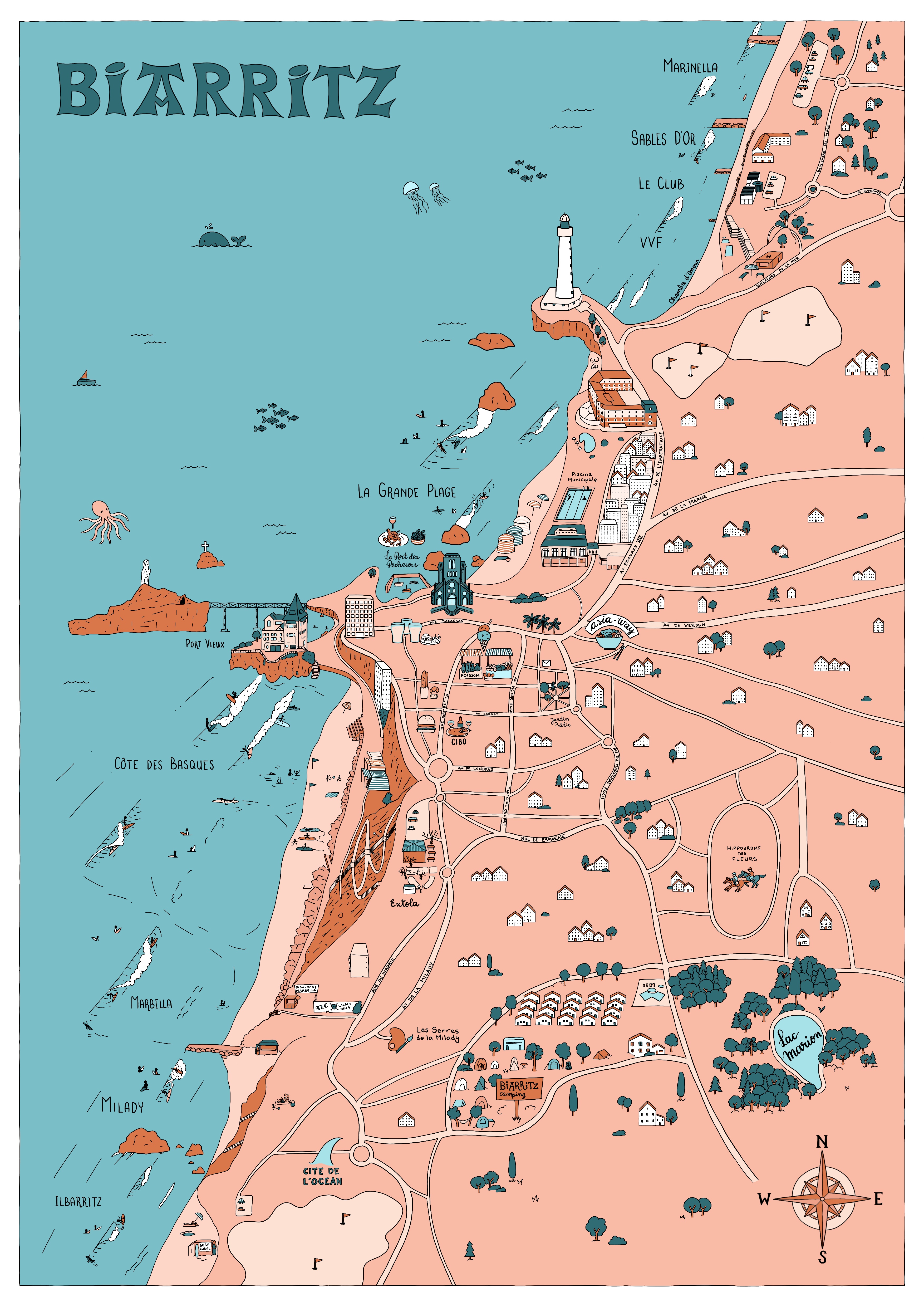 Map of Biarritz in hues of pastel retro light blue and pink