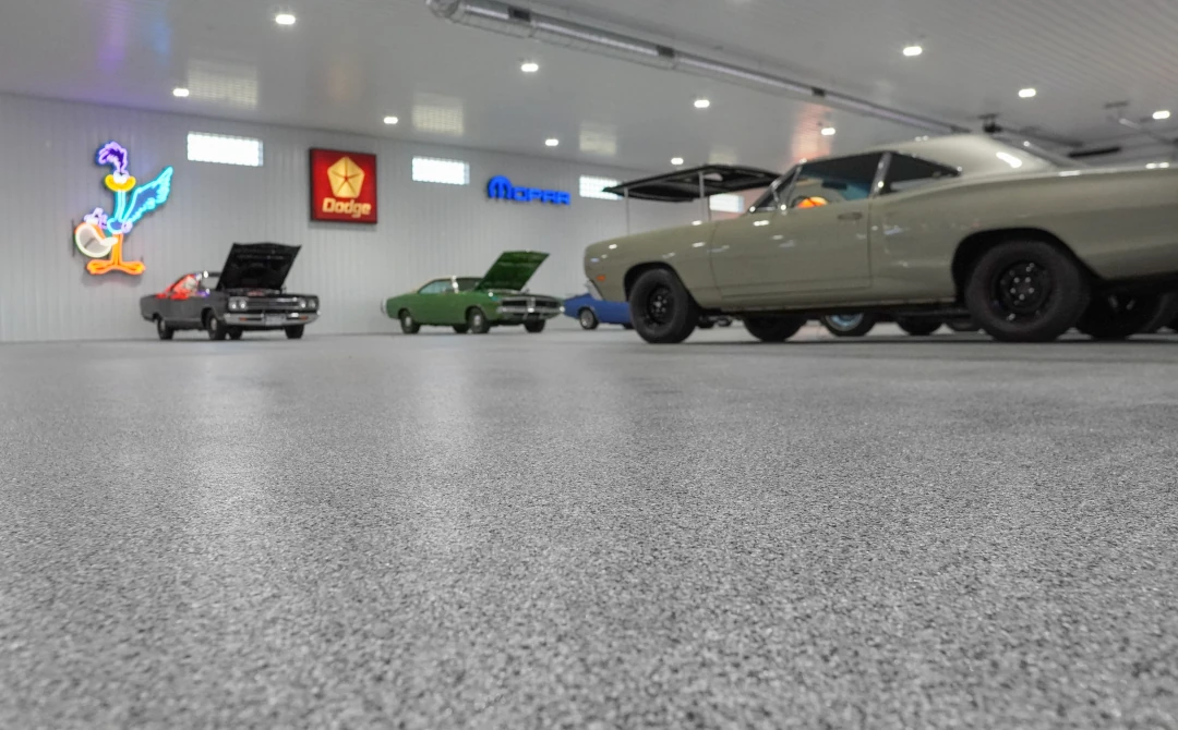 floor coating in a garage with classic cars