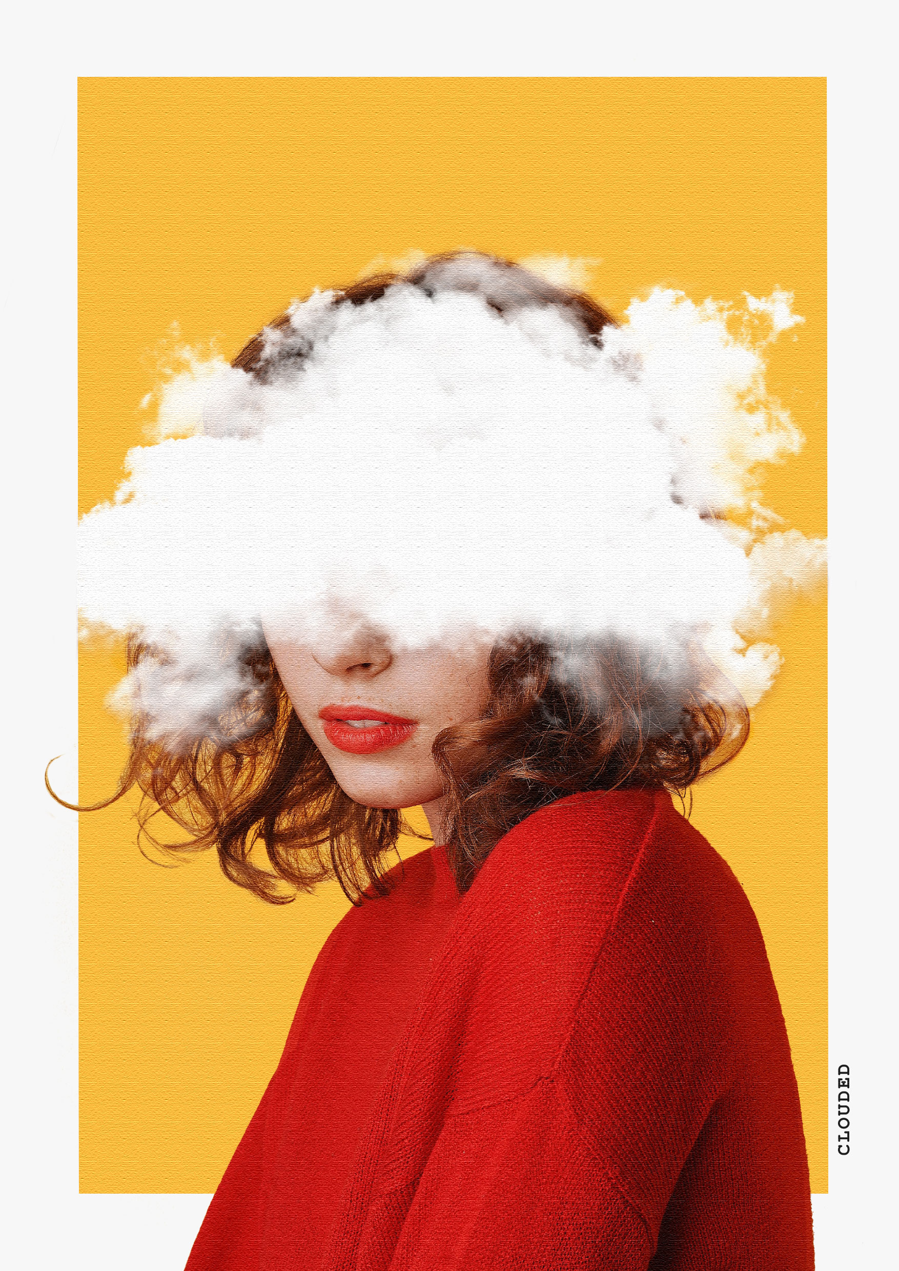 Portret van een vrouw met wolken voor haar ogen
