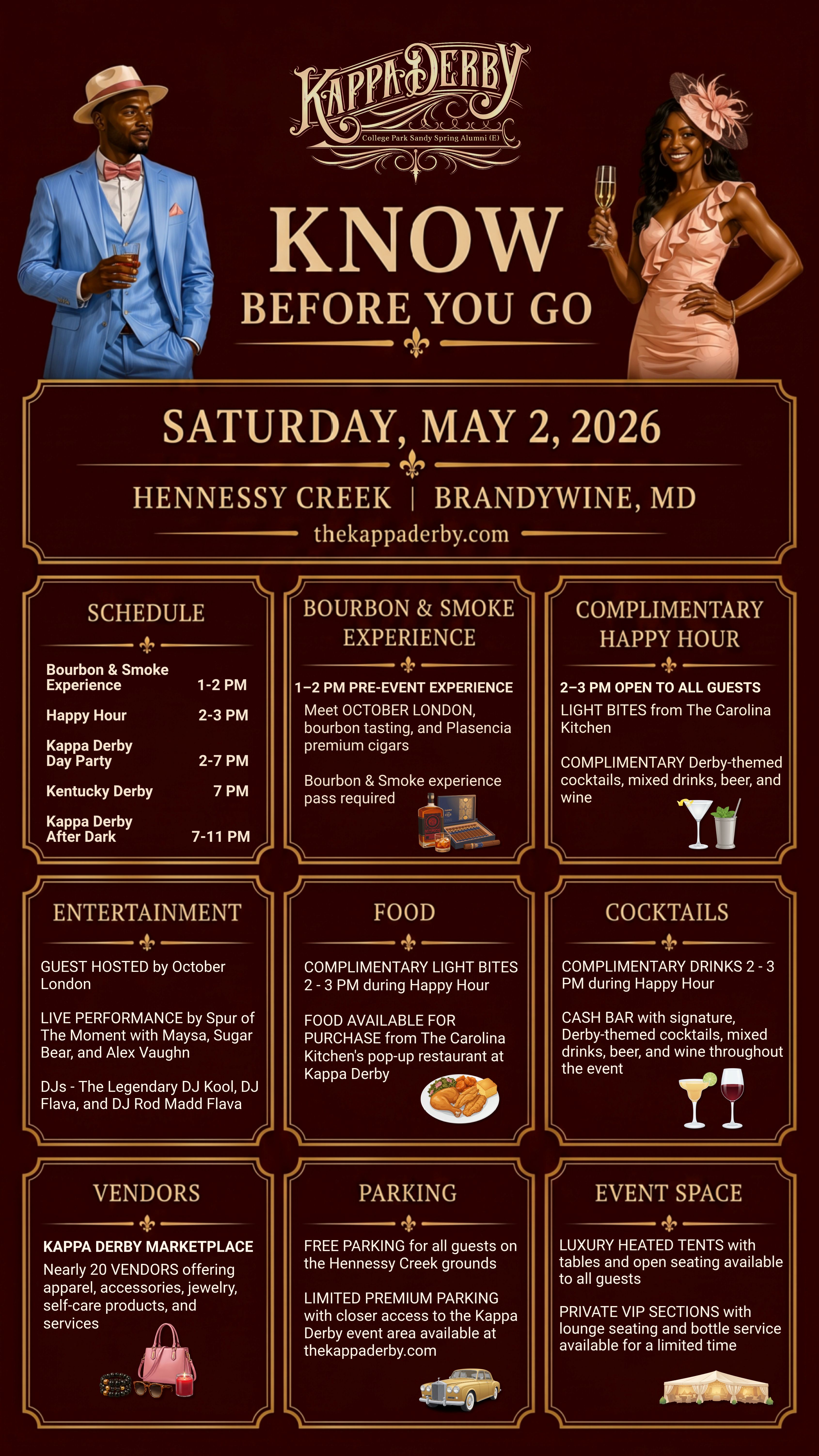 Kappa Derby event details for Saturday, May 2, 2026 at Hennessy Creek, Brandywine MD, featuring schedule, bourbon and smoke experience, happy hour, entertainment, food, cocktails, vendors, parking, and event space information.