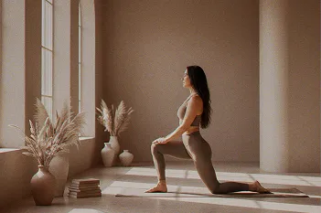 Woman in workout clothes performing a low lunge yoga pose on a mat in a sunlit room with large windows and decorative vases with dried plants.
