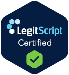 LegitScript Certified badge with a green check mark inside a hexagon.