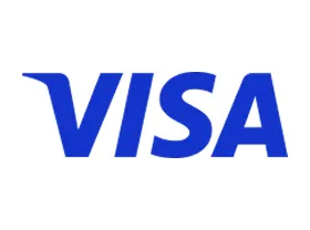Visa logo in blue letters on a white background.