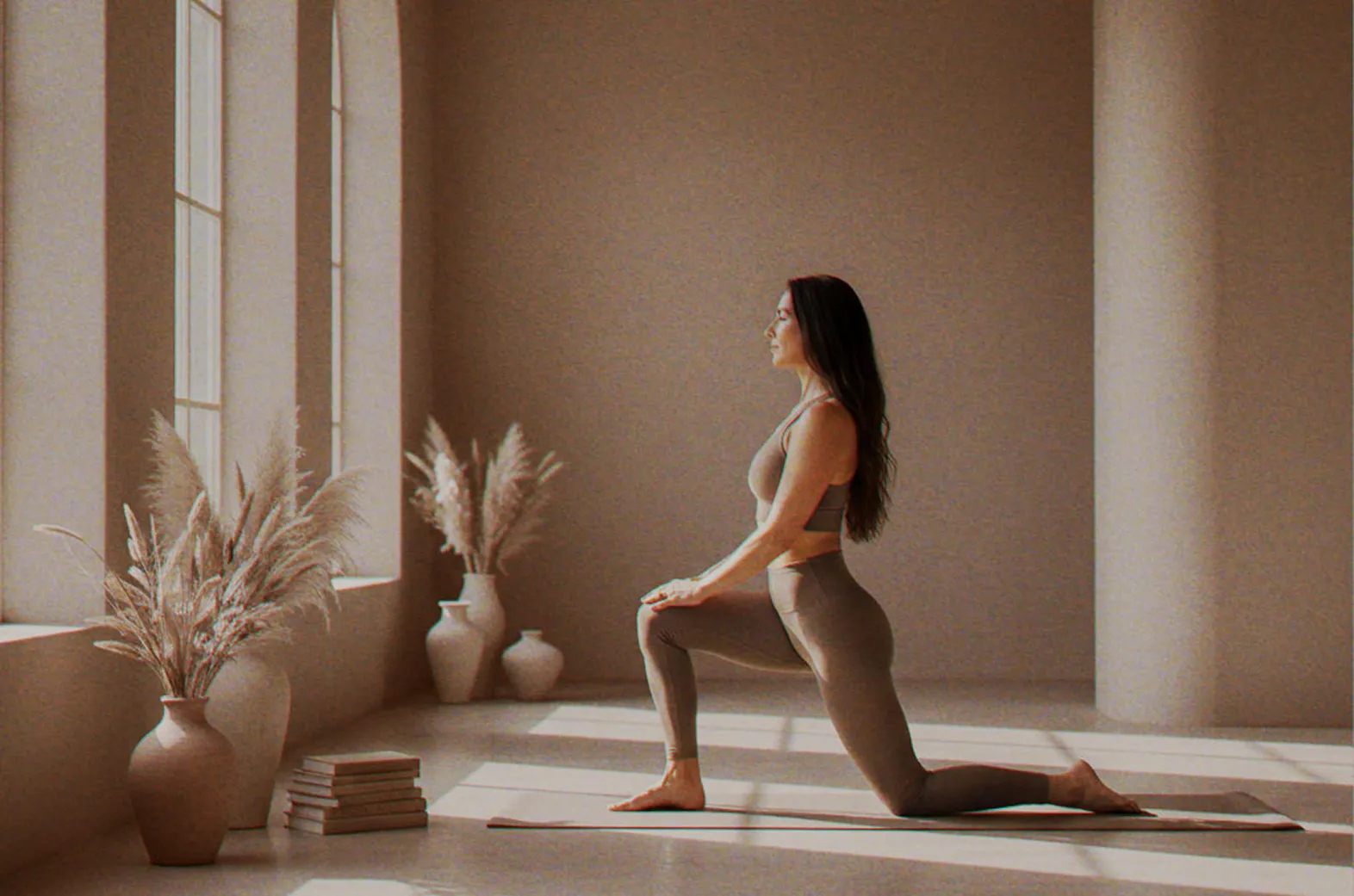 Woman in athletic wear doing a low lunge yoga pose on a mat in a sunlit room with large windows and decorative vases with pampas grass.