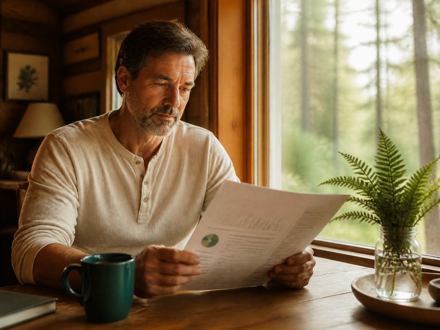 A man at a wooden cabin table by a bright window, calmly reading a printed health report over coffee