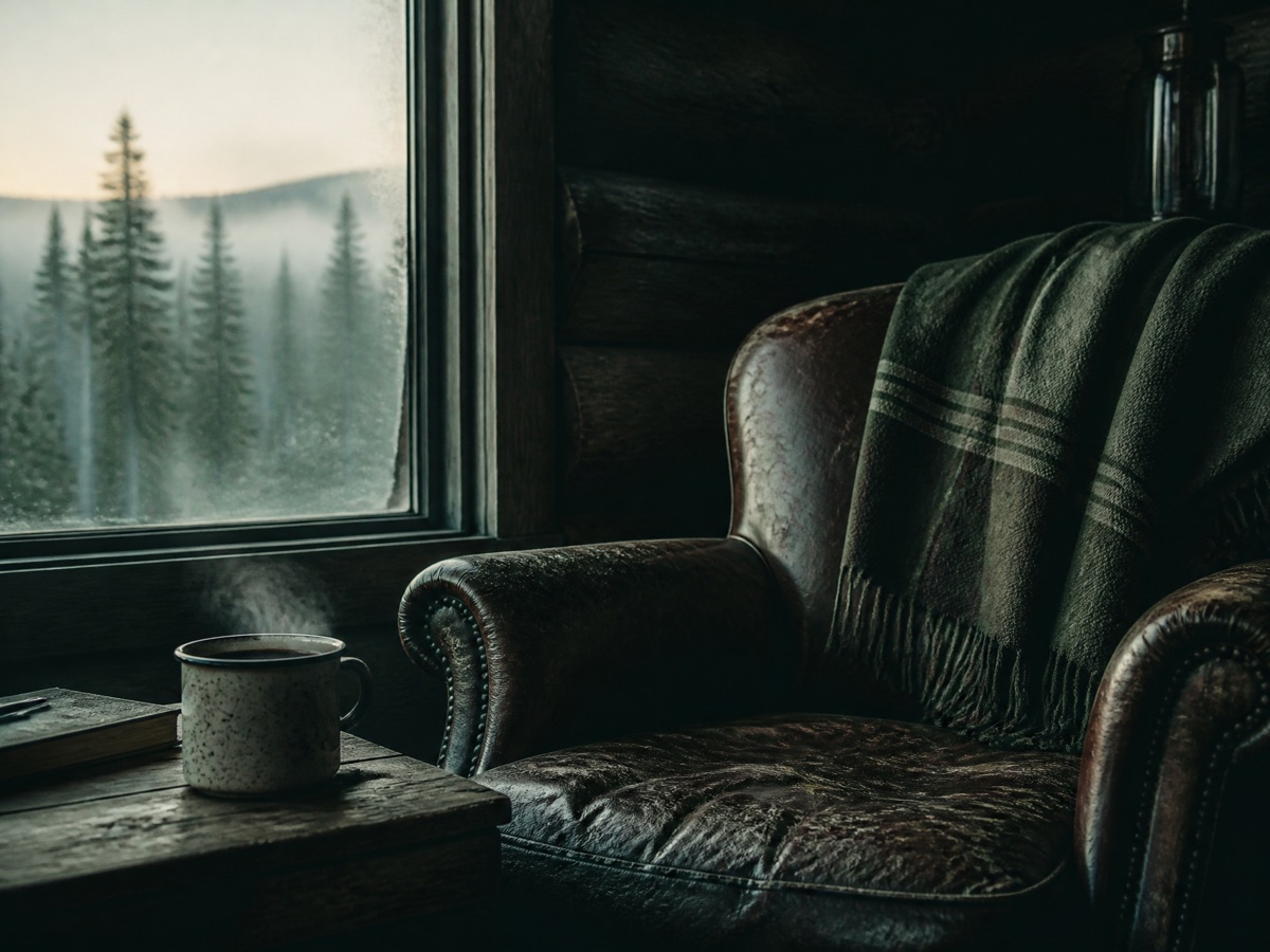 A worn leather armchair by a cabin window at dawn, coffee going cold on the side table