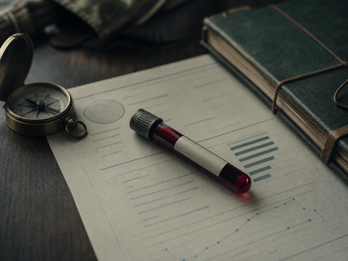 A blood sample vial resting on a lab report beside a compass and field notebook