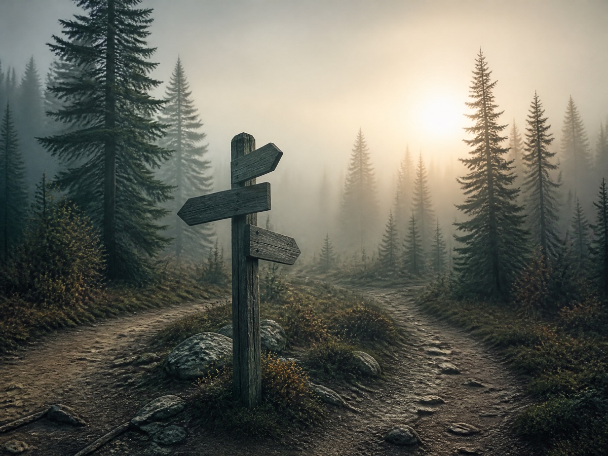 A weathered wooden signpost at a fork in a misty forest trail at dawn