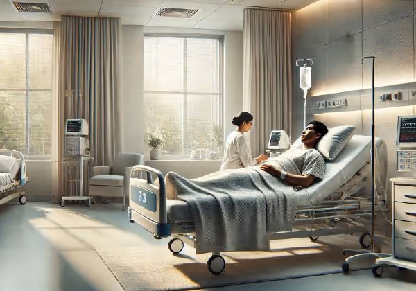Patient resting in a modern hospital room after surgery, attended by a healthcare worker.