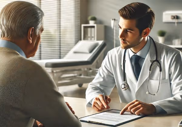 ডাক্তার হাসপাতালে রোগীকে মেডিকেল রিপোর্ট ব্যাখ্যা করেছেন।