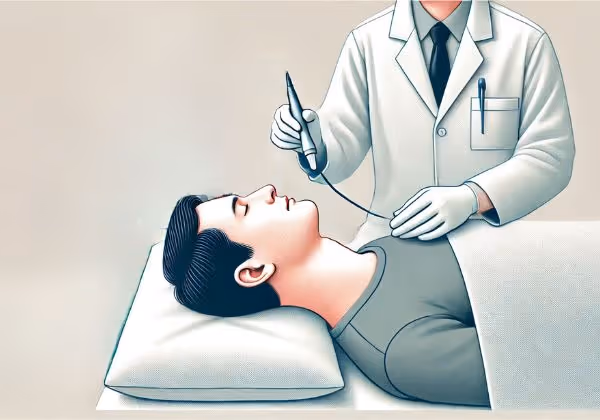 Doctor performing a Fine Needle Aspiration Cytology (FNAC) procedure on a patient lying on a bed, using a needle for sample extraction.