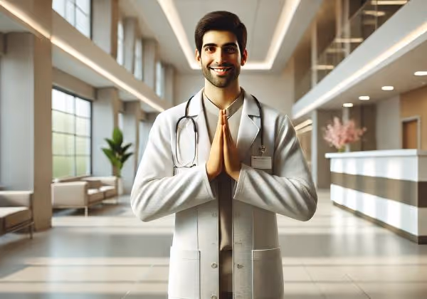 Doctor greeting with Namaste in hospital.