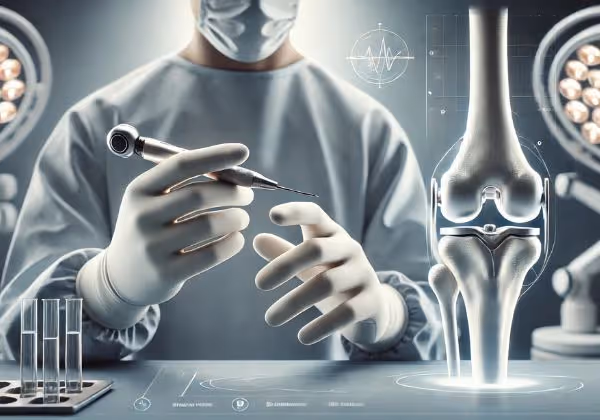 Surgeon using robotic tool for knee joint surgery with a knee model.