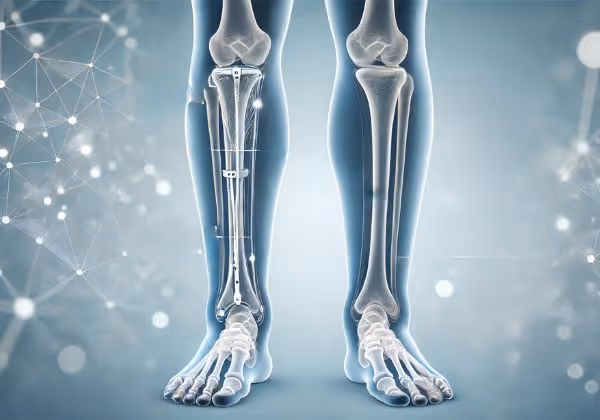 Legs showing limb lengthening with external fixators and internal rods.