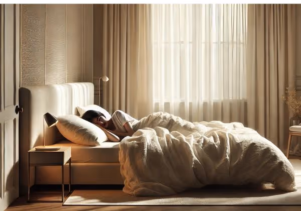 A person sleeping peacefully in a bedroom.