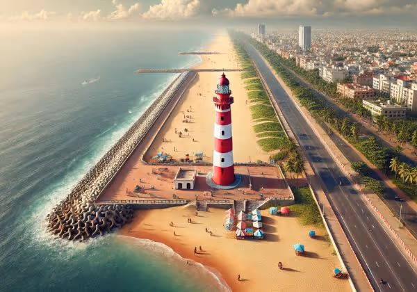 Aerial view of Marina Beach in Chennai featuring the iconic red-and-white lighthouse.