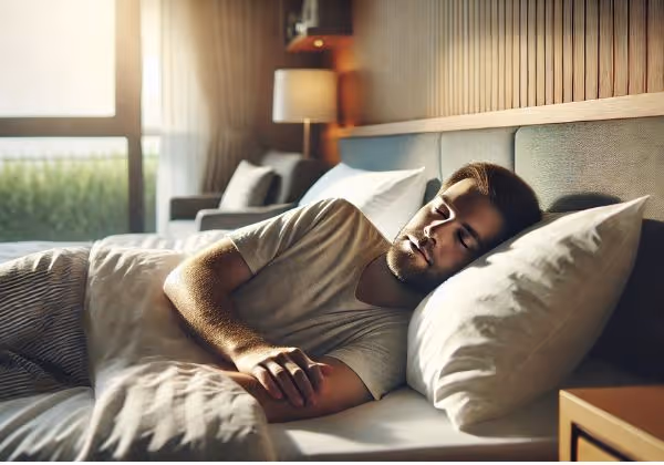 A man peacefully sleeping on his side.