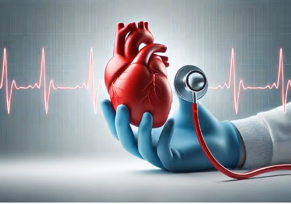 A doctor's hand holding a heart model with an ECG line in the background.