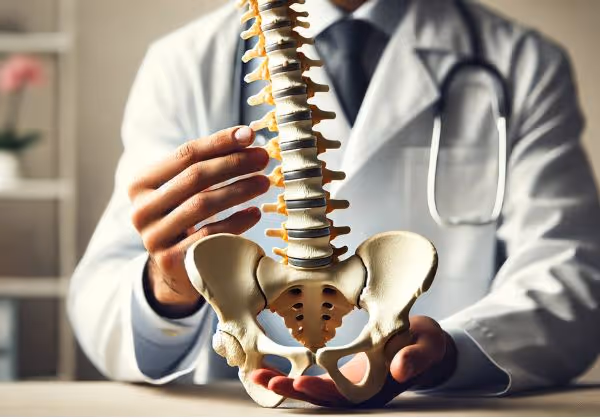 মেরুদণ্ডের মডেল ধরে একজন ডাক্তারের হাতের ক্লোজ আপ।