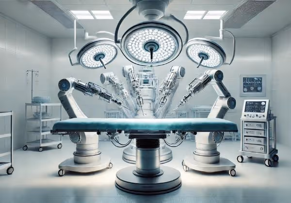 Robotic arms aligned over a sterile surgical table in a well-lit operating theatre.