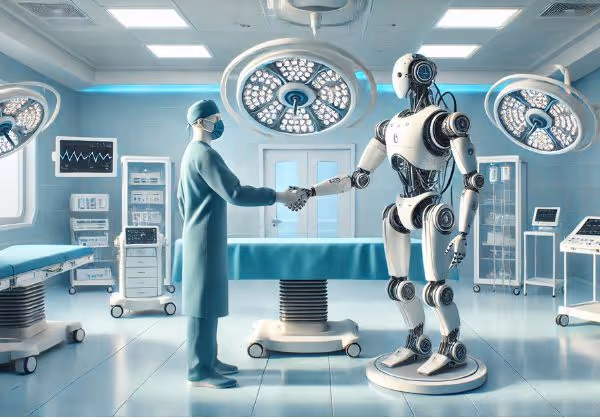 একজন সার্জন এবং একজন হিউম্যানয়েড রোবোটিক সহকারী হাত কাঁপছেন।