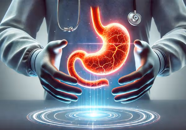 A surgeon’s hands holding a glowing human stomach hologram.