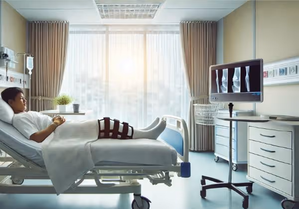 Patient resting in bed after ACL surgery, with a knee X-ray displayed.