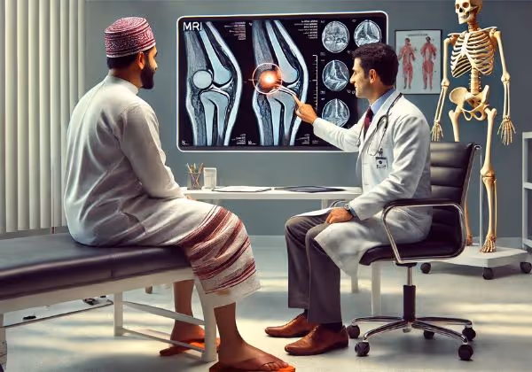 Orthopedic surgeon showing a Bangladeshi patient an MRI of a meniscus tear.
