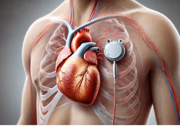  একটি প্রতিস্থাপিত পেসমেকার দেখানো একটি মানুষের বুকের চিকিৎসা চিত্রণ।