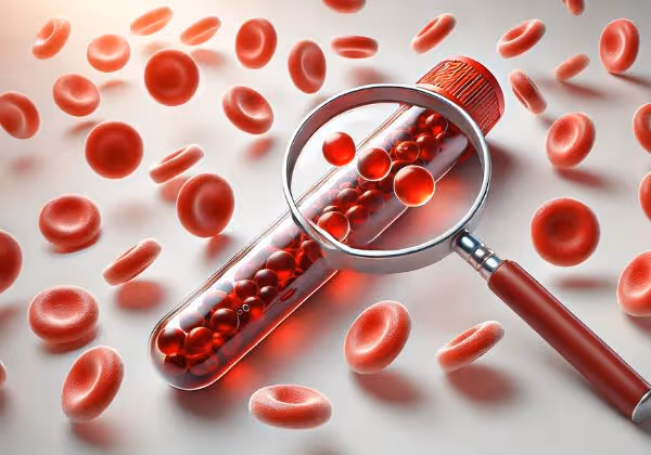  A test tube filled with blood, with a magnifying glass highlighting red blood cells