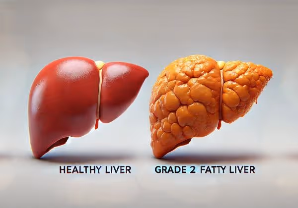 Healthy Liver appears normal in size, and Grade 2 Fatty Liver shows visible fat deposits. 