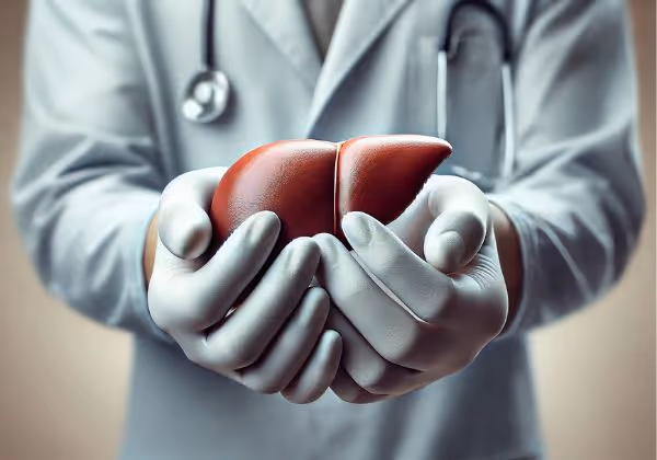 A surgeon’s hands holding a human liver.