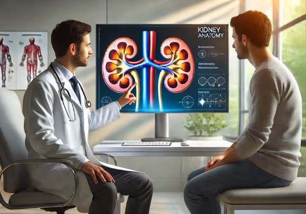 ডাক্তার হাসপাতালের ঘরে মনিটর ব্যবহার করে একজন রোগীকে কিডনি ডায়াগ্রাম ব্যাখ্যা করেন।