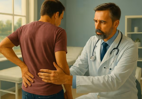 Doctor palpating patient’s side below ribs during kidney pain check