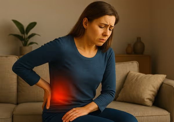 নিচের পিঠে হাত দিয়ে সোফায় বসে থাকা মহিলা এবং কিডনিতে ব্যথা ইঙ্গিত করে লাল