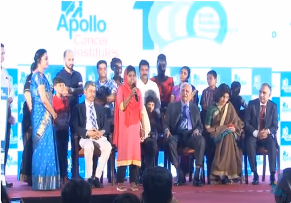 BMT survivor Tansila from Bangladesh joins doctors and patients on stage at Apollo’s 1500 bone marrow transplants event.