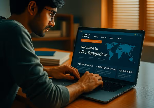 Man checking Indian visa status on IVAC Bangladesh website for application and tracking services