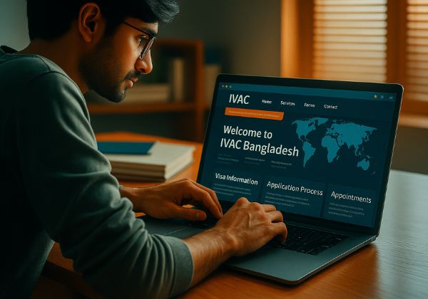 Man checking Indian visa status on IVAC Bangladesh website for application and tracking services
