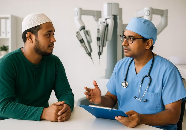 Bangladeshi patient consulting Indian surgeon on robotic surgery
