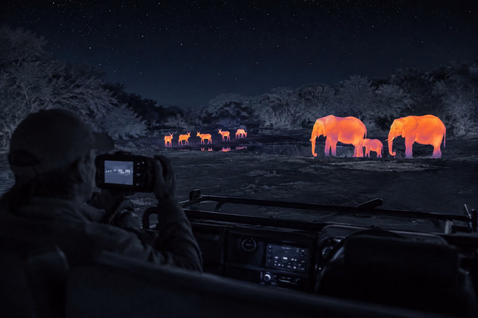 Tintswalo Thermal Night Safari viewing glowing elephant heat signatures at night.