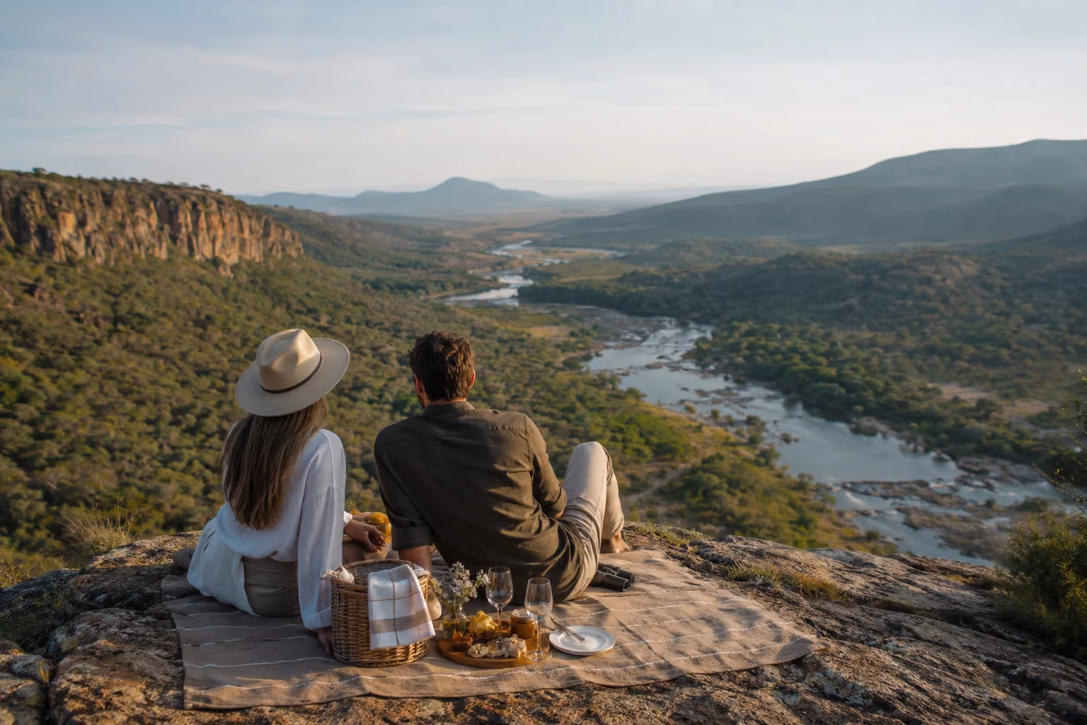 A couple sitting from behind on a picnic blanket spread over a rocky clifftop, enjoying wine and snacks while looking out over a massive valley with a winding river below.