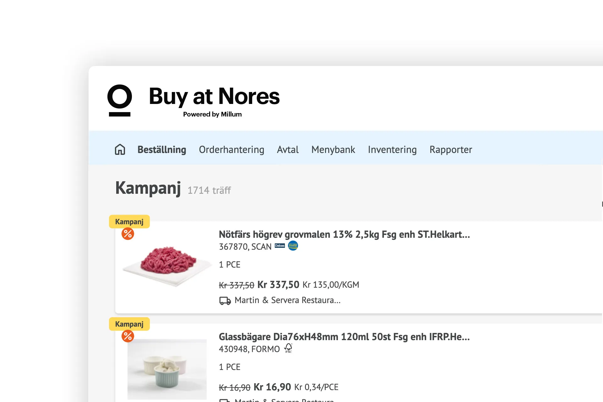 Kampanjetilbud på grovt kjøttdeig og glassbegre på en netthandelsside.