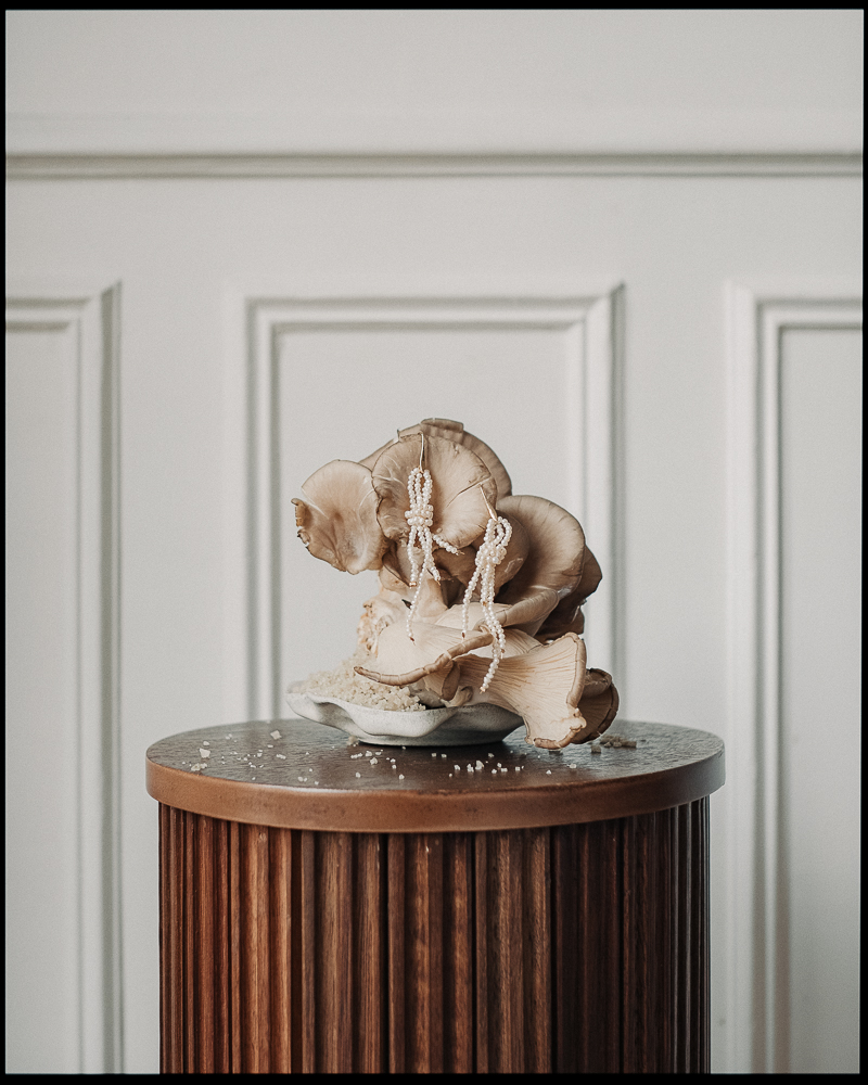 Sculptural mushroom arrangement on a wooden pedestal