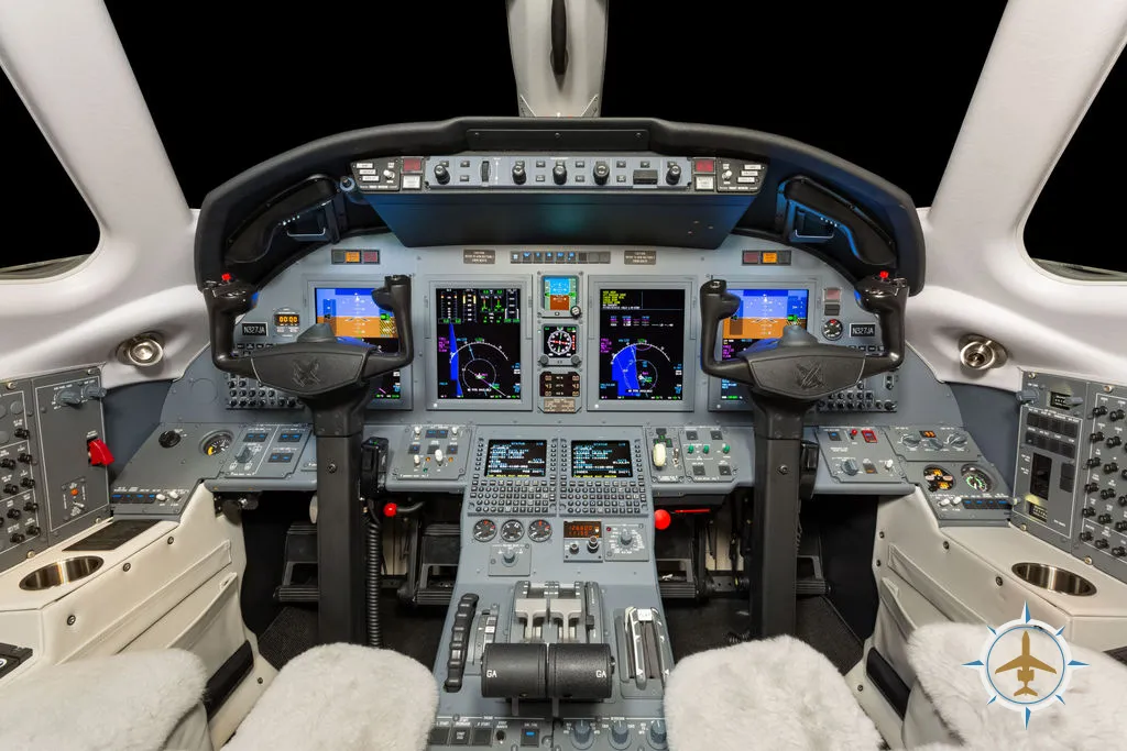 2024 Cessna Citation XLS Gen2 S/N 560-6360 - exterior of white and blue aircraft for sale, interior view of the cockpit, Mikolay Jet group logo