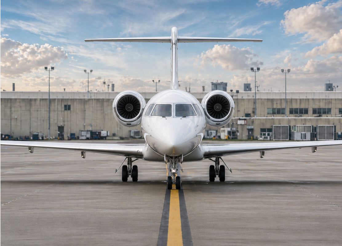 image of white private jet on tarmac facing camera
