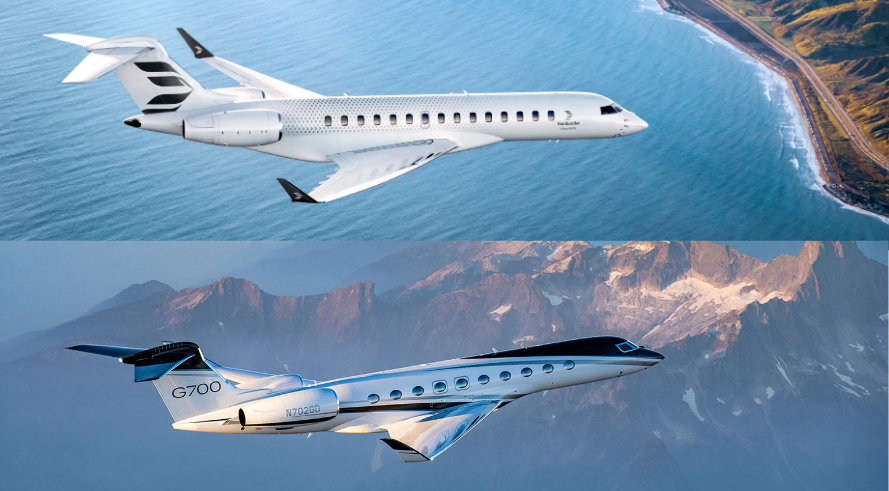 Split image showing an aerial view of a Bombardier Global 8000 flying above water and an aerial view of a Gulfstream G700 flying above the mountains. Global 8000 vs. G700