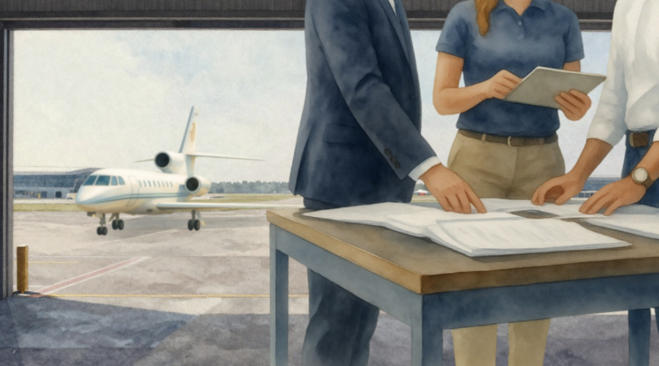 Illustration of three people standing at table in hangar reviewing aircraft transaction docs. No faces show. White private jet in background.